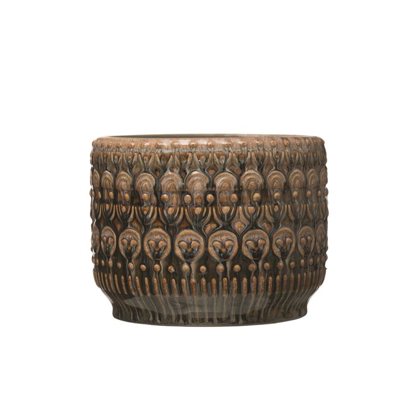8" Round x 6"H Embossed Stoneware Pot, Reactive Glaze, Multi (Holds 7" Pot)
