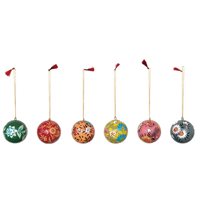 Hand-Painted Paper Mache Ball Ornament with Florals, Multi Color, 6 Styles 3in