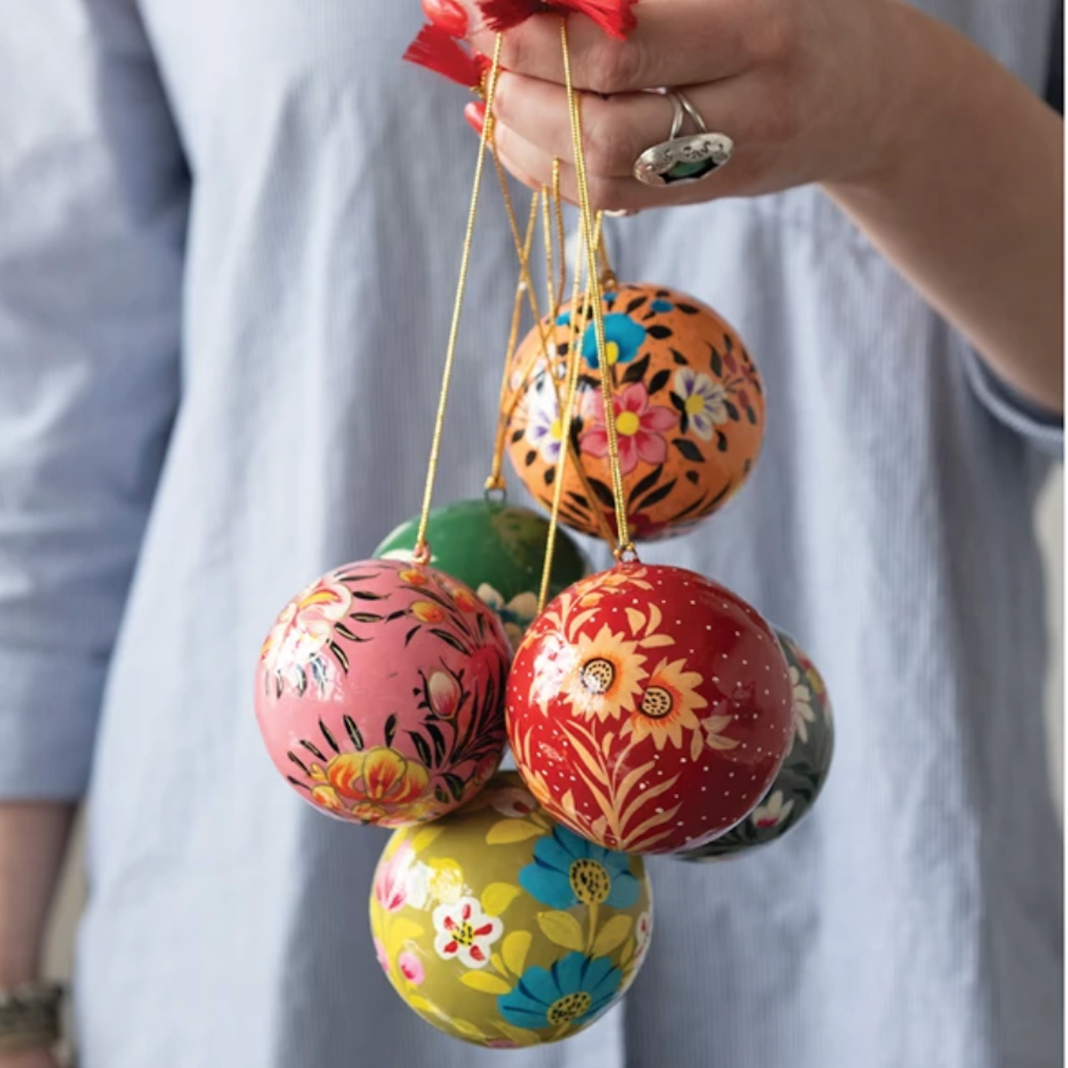 Hand-Painted Paper Mache Ball Ornament with Florals, Multi Color, 6 Styles 3in