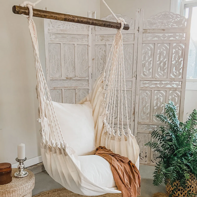 White Hanging Hammock Swing Chair + 2 Pillows Set JR.  Natural light wood spreader bar