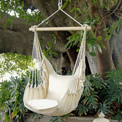White Hanging Hammock Swing Chair + 2 Pillows Set JR.  Natural light wood spreader bar