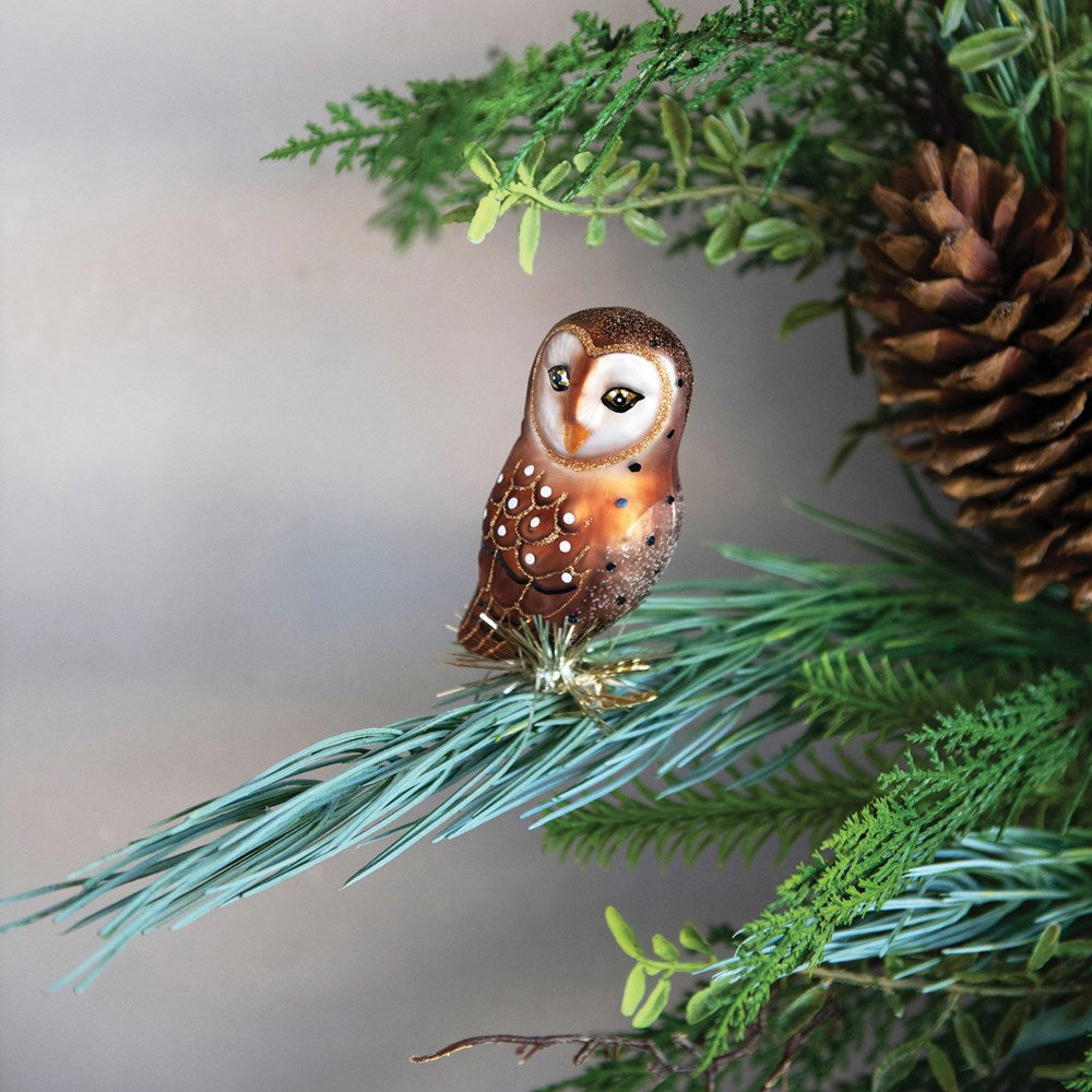 4-3/4"H Glass Owl Clip-on Ornament w/ Tinsel, Brown