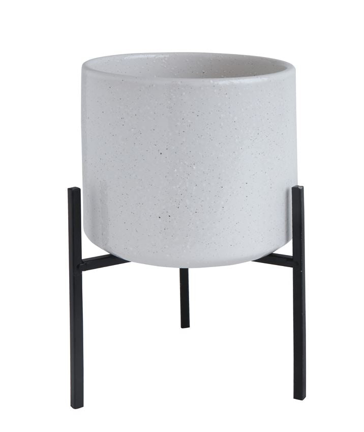 White Stoneware planter + Metal Stand 6x8