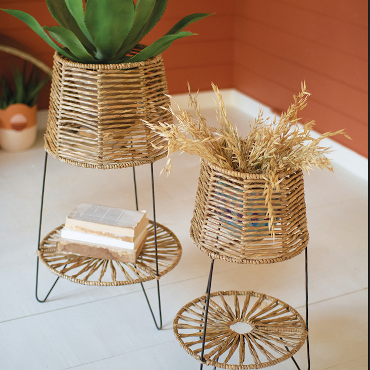 Large Tapered Seagrass Basket Iron Hairpin Legs lower shelf A6304