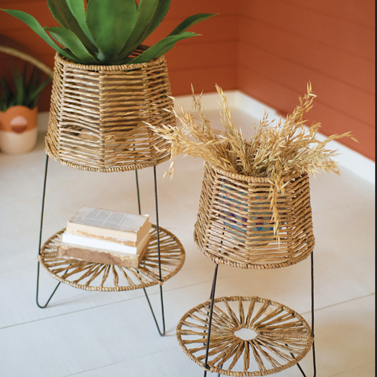 Small Tapered Seagrass Basket Iron Hairpin Legs lower shelf A6304